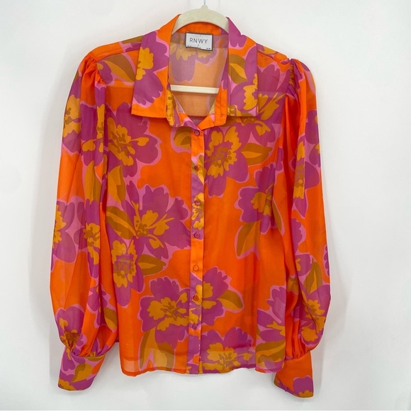 Rnwy orange pink floral blouse Sz 8 button front - Picture 2 of 10